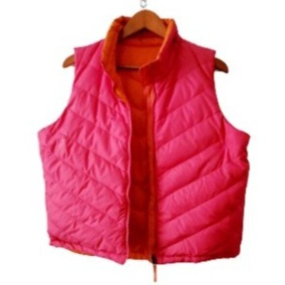 Women's Quilted Sleeveless Reversible Puffer Jacket Vest Neon Pink/Orange, Large - Picture 4 of 12